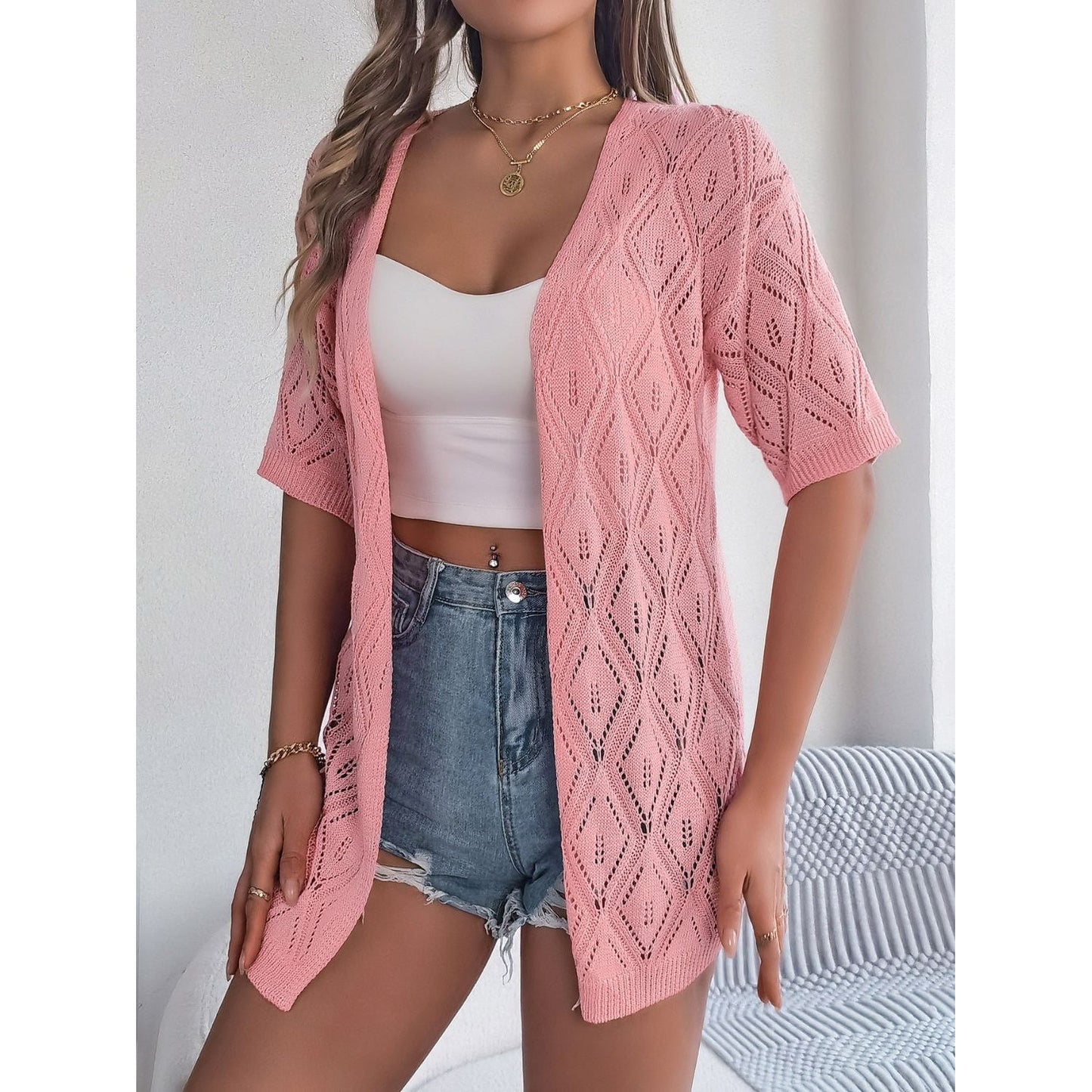 Openwork Open Front Half Sleeve Cardigan