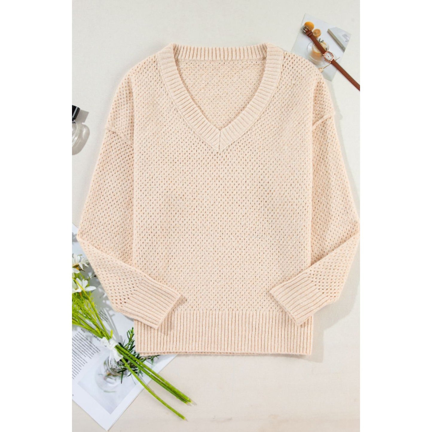 V-Neck Dropped Shoulder Long Sleeve Sweater