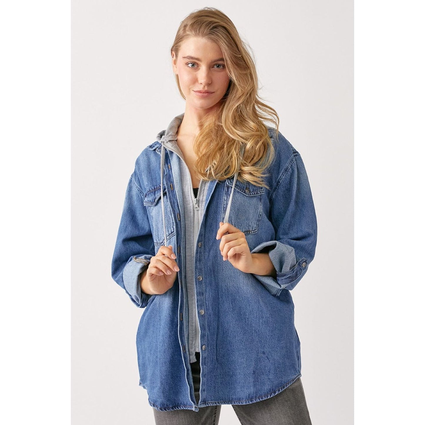 RISEN Zip Up Hooded Denim Shirt