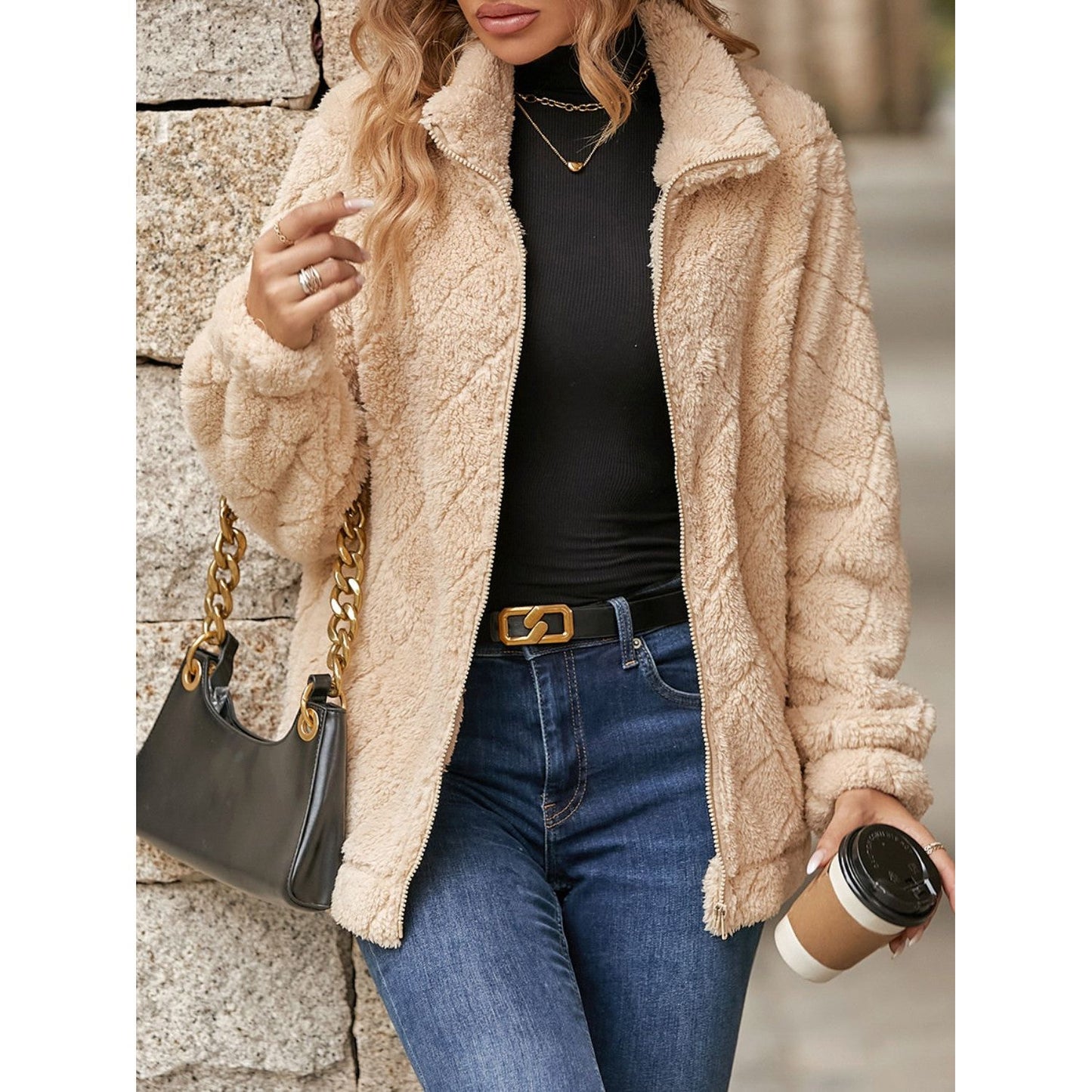 Fuzzy Pocketed Zip Up Jacket