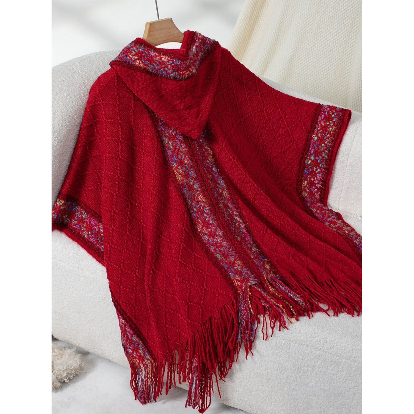 Fringe Half Sleeve Hooded Poncho