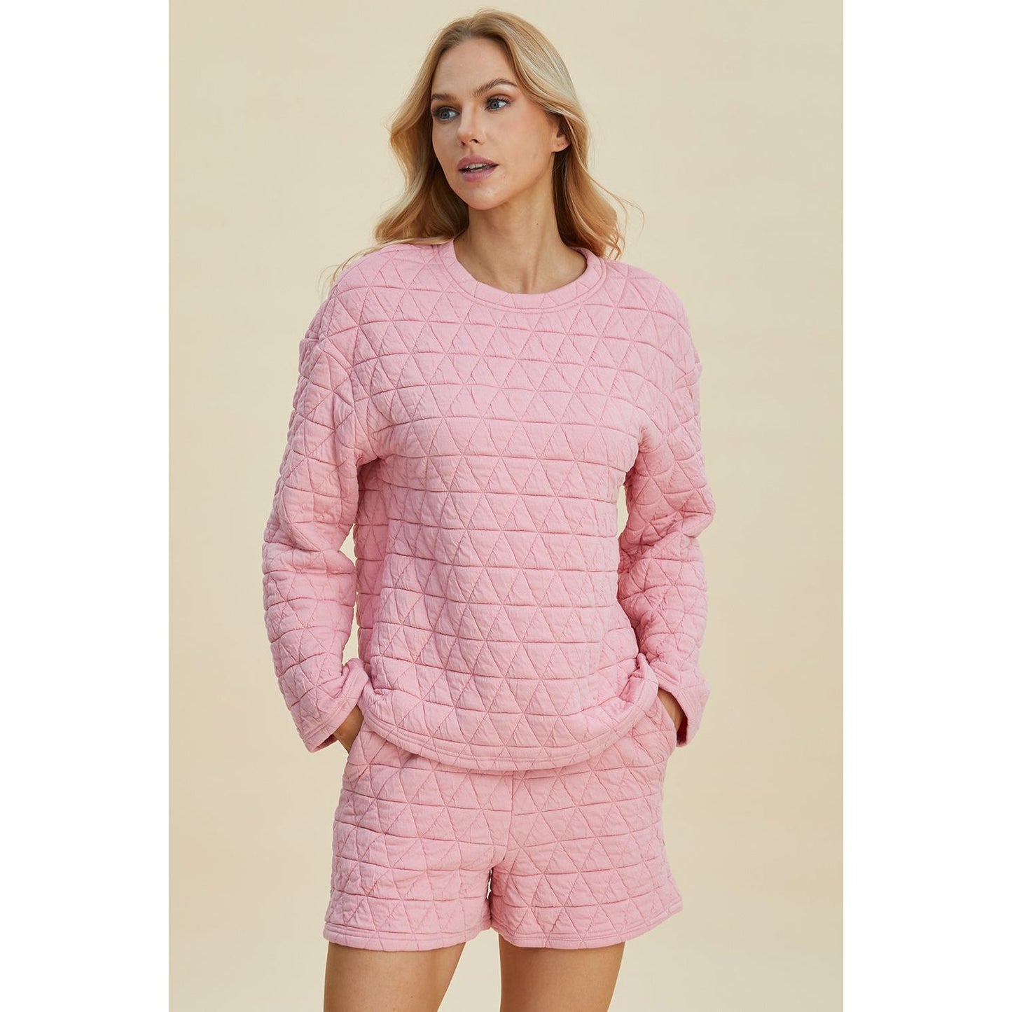 Double Take Full Size Texture Round Neck Long Sleeve Top and Shorts Set