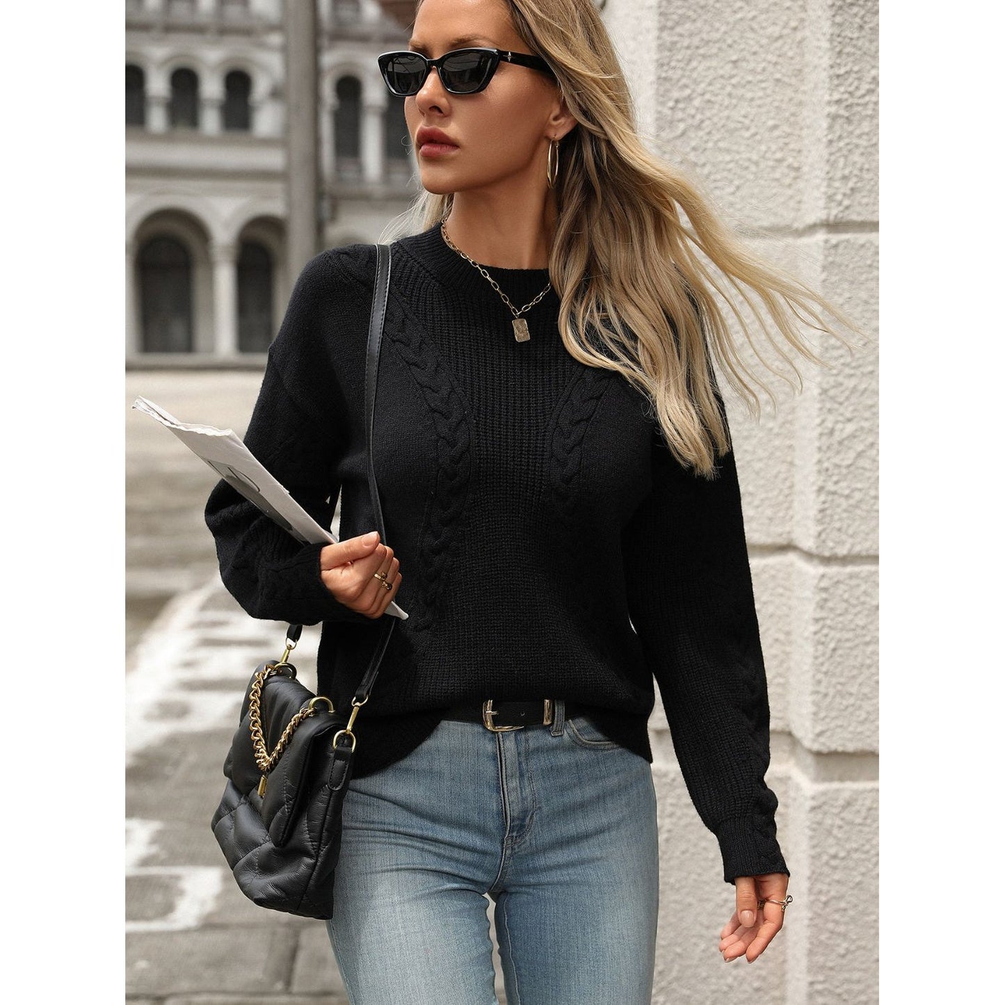 Cable-Knit Round Neck Long Sleeve Sweater