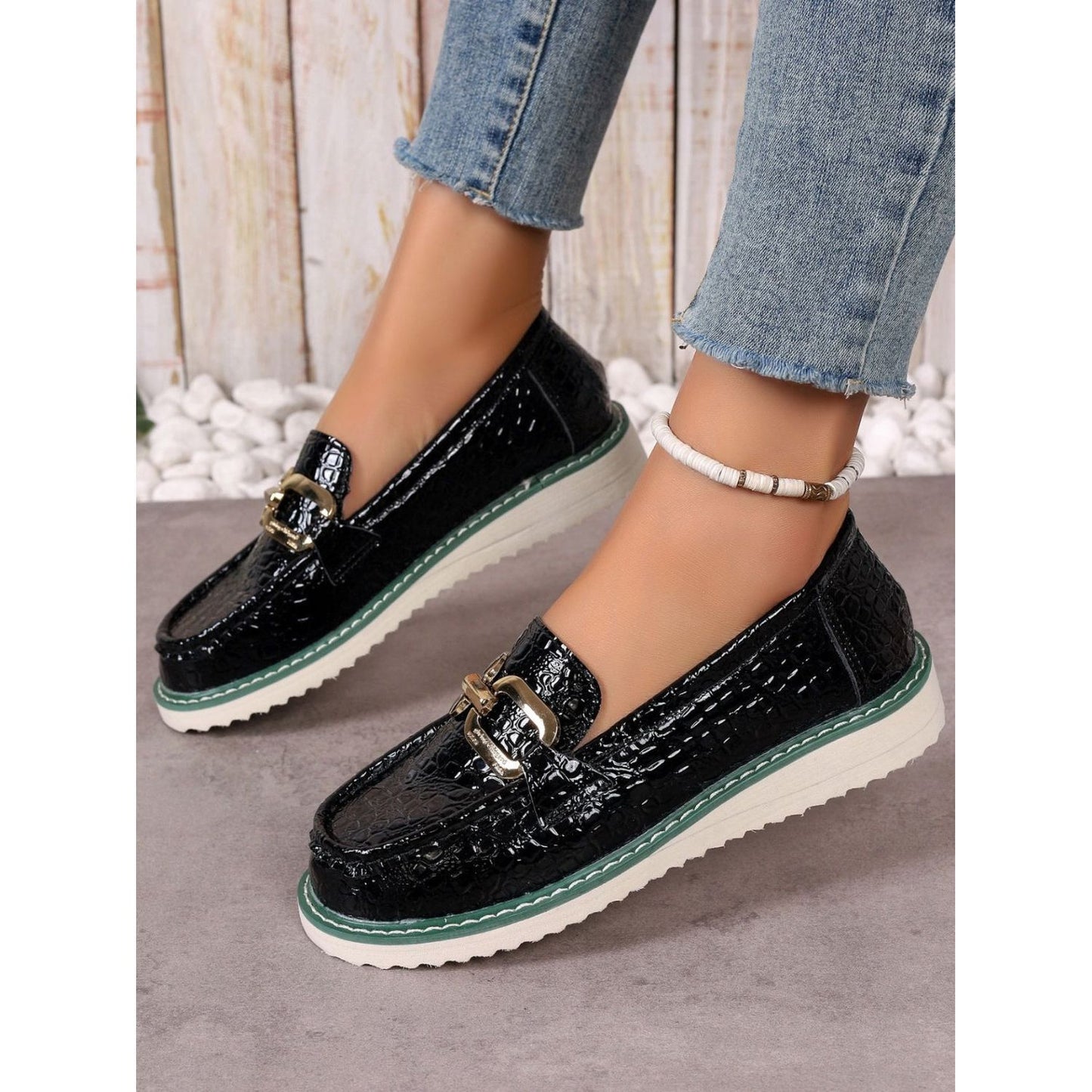 PU Leather Buckle Trim Loafers