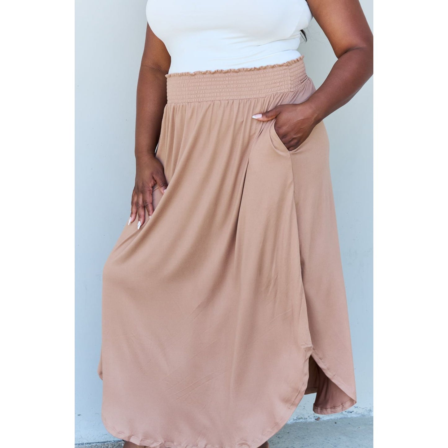 Doublju Comfort Princess Full Size High Waist Scoop Hem Maxi Skirt in Tan