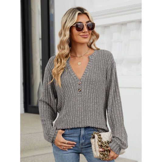 Ribbed Notched Long Sleeve T-Shirt