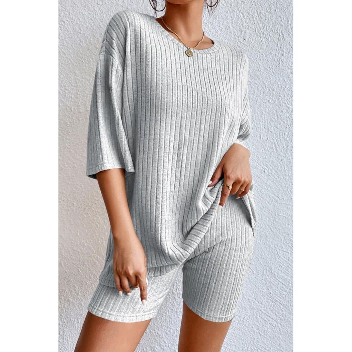 Round Neck Ribbed Top and Shorts Lounge Set