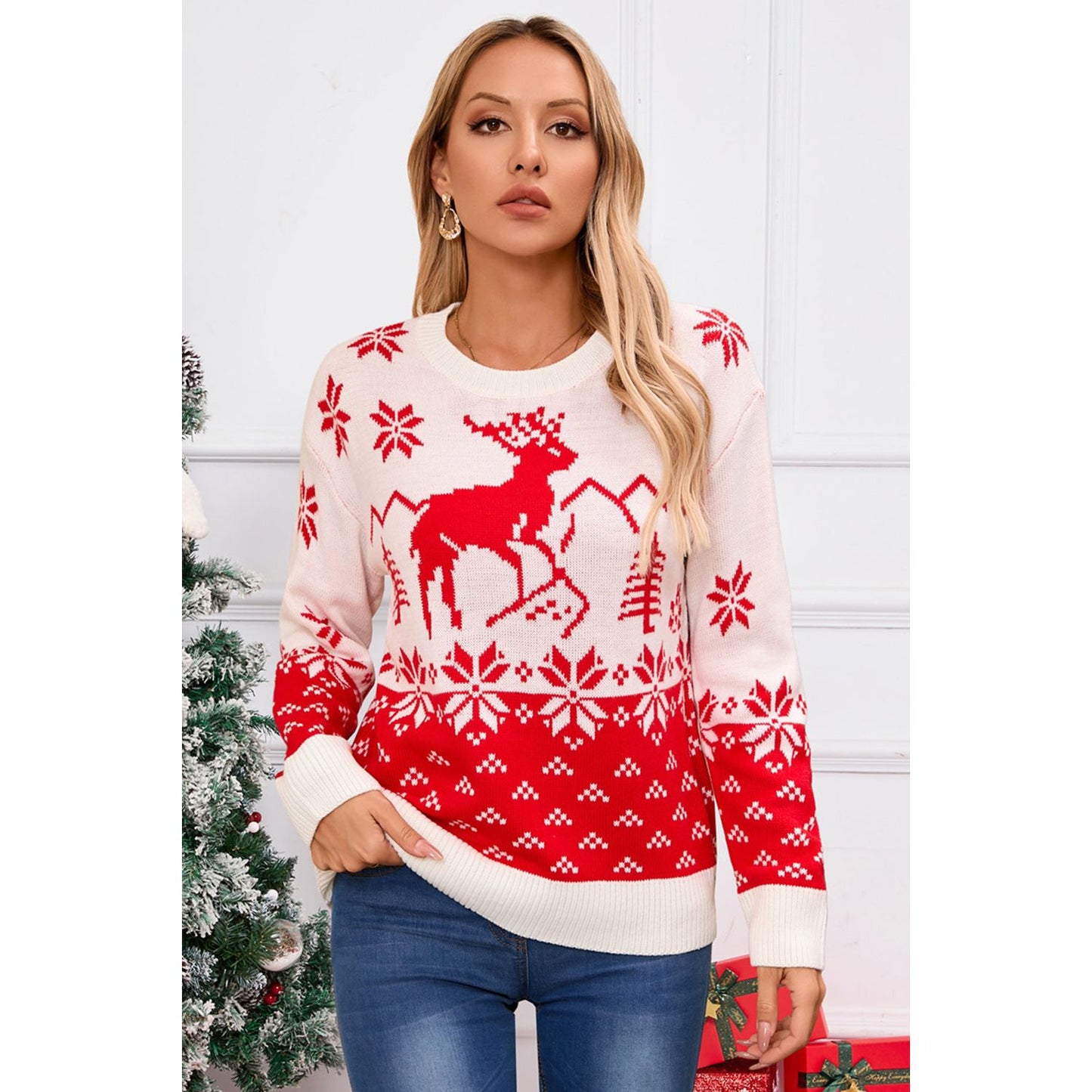 Angel Wings Deer Pattern Round Neck Long Sleeve Sweater