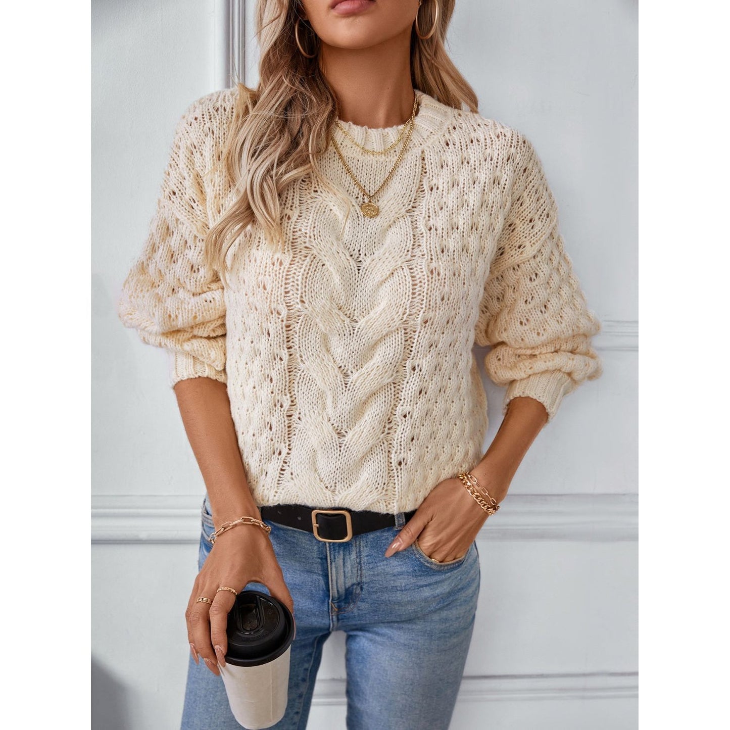 Cable-Knit Round Neck Long Sleeve Sweater