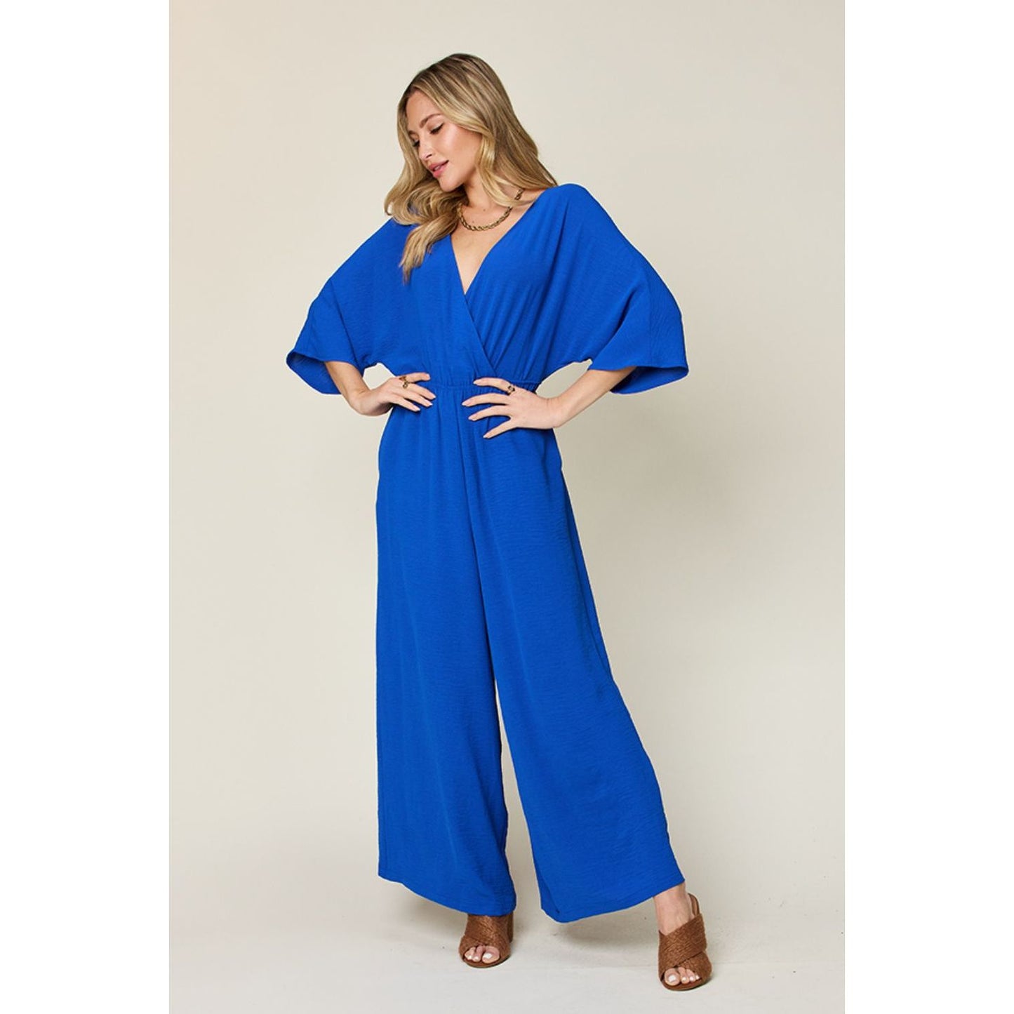 Double Take Full Size Surplice Wide Leg Jumpsuit with Pockets