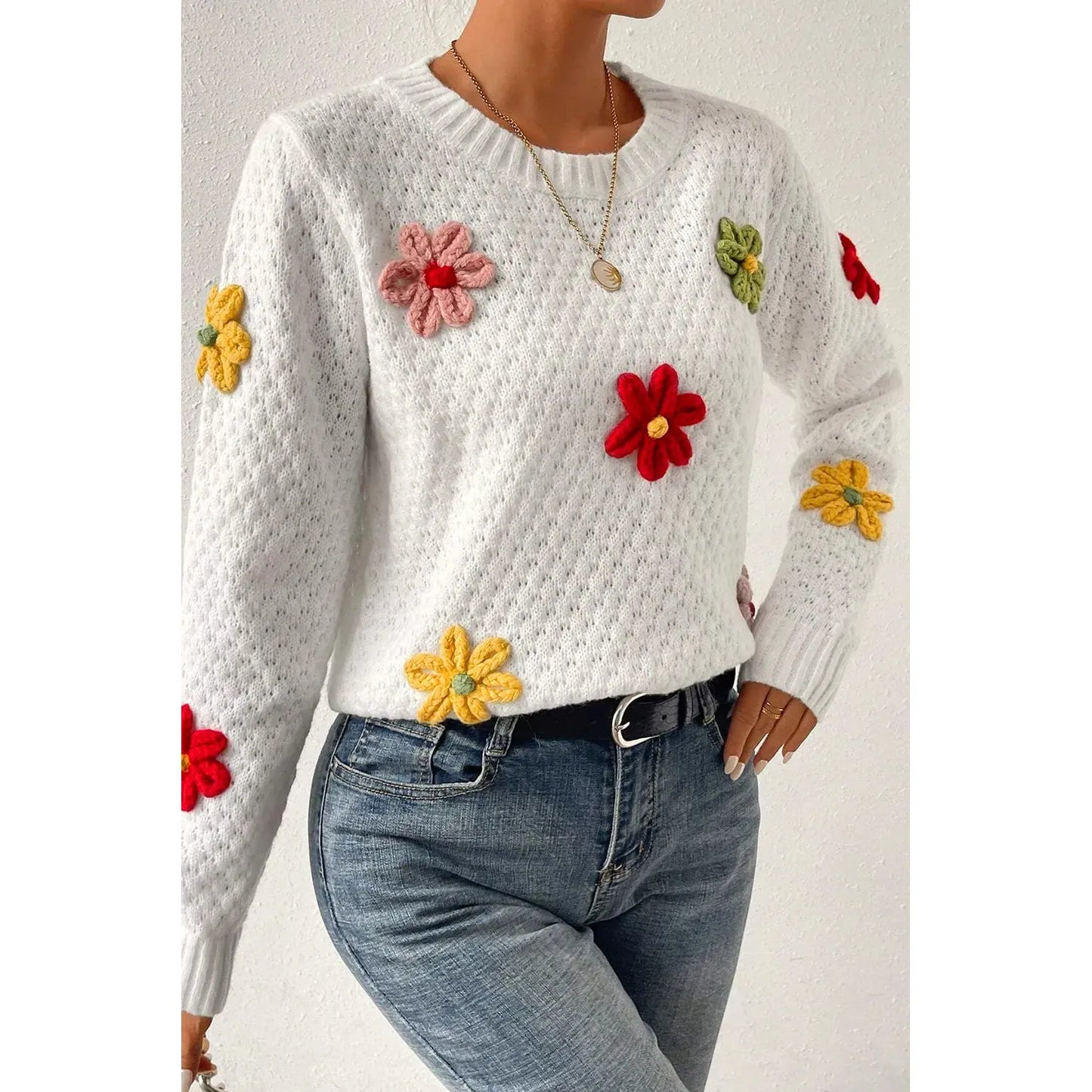 Crochet Flower Round Neck Sweater