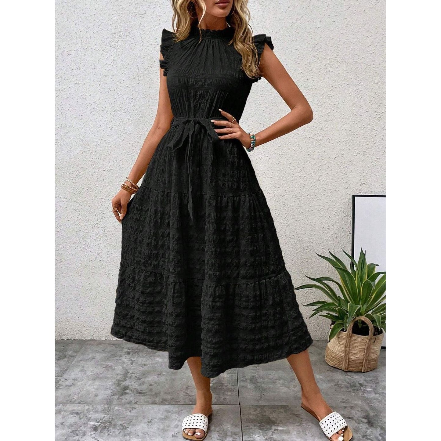 Tied Ruffled Cap Sleeve Midi Dress