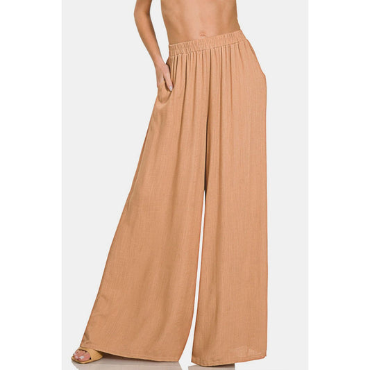 Zenana Pleated Linen Blend Wide Leg Pants