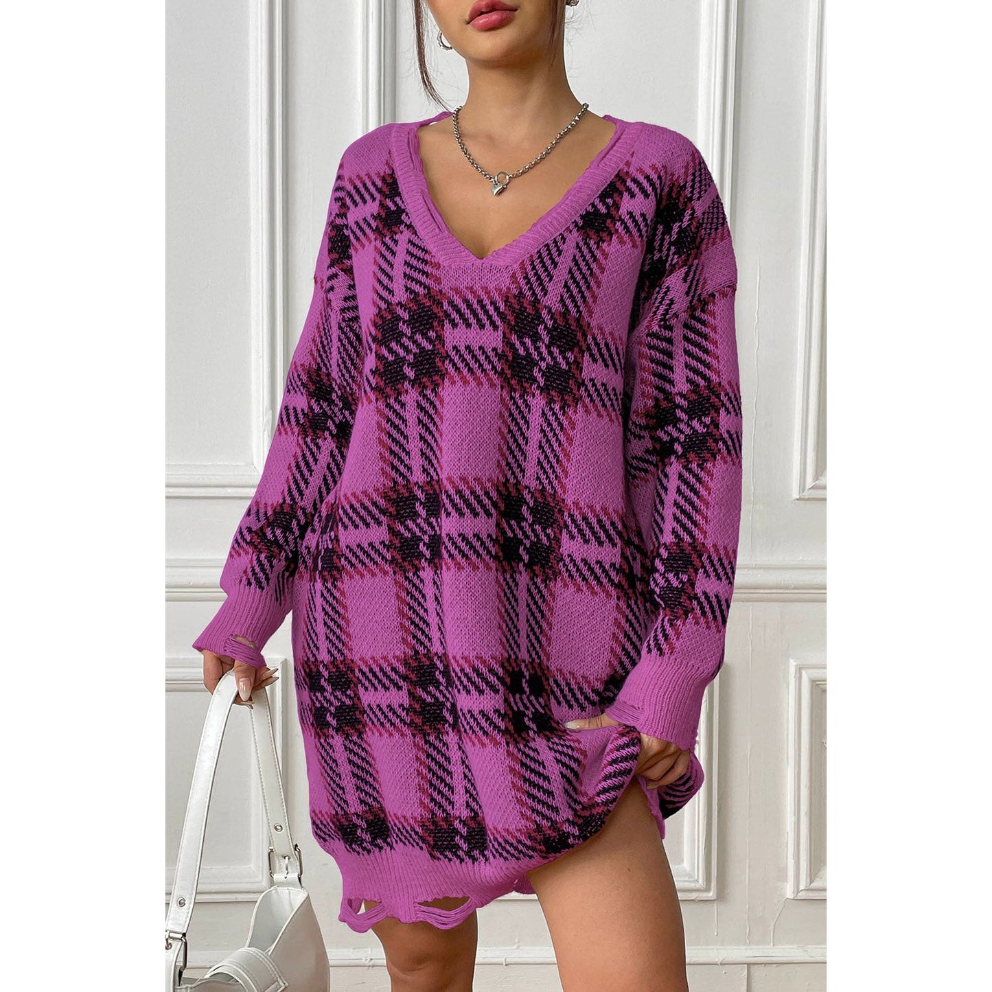 Plaid V-Neck Long Sleeve Sweater Dress