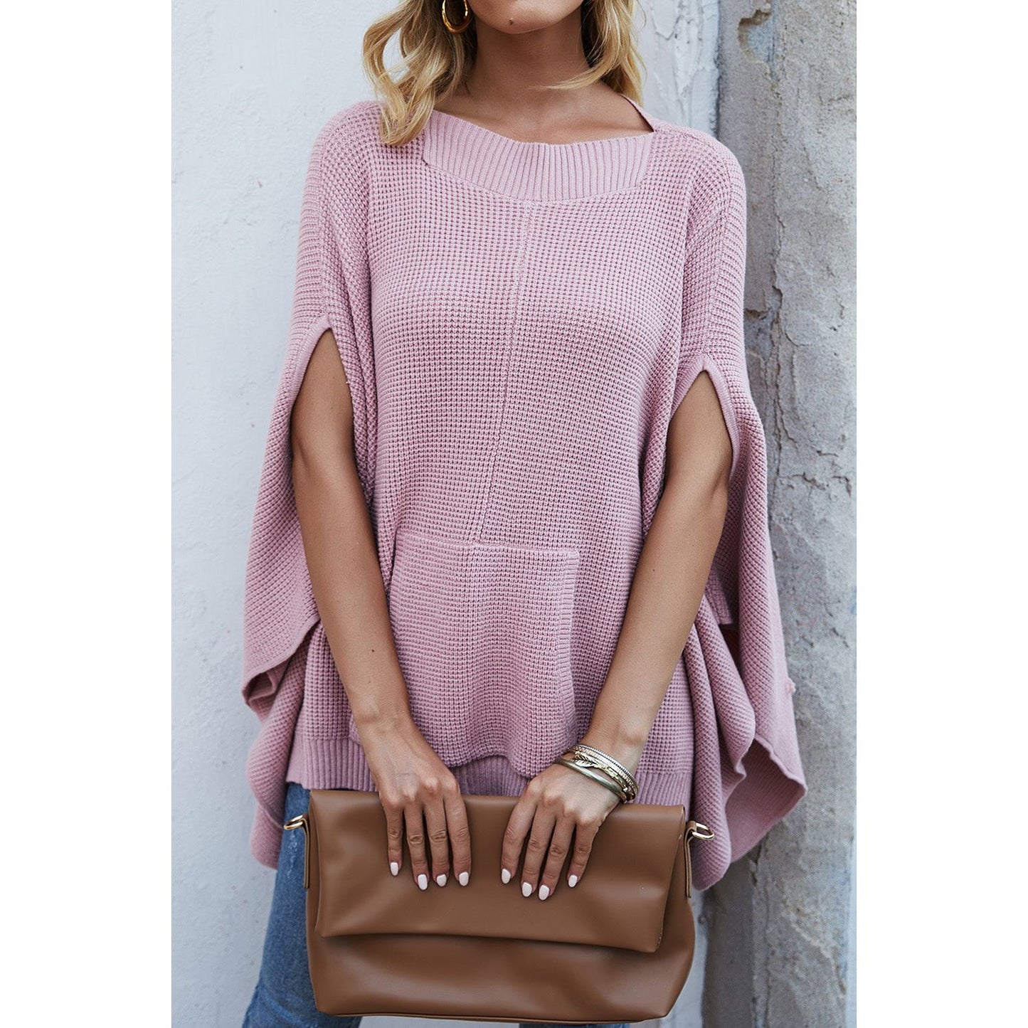 Waffle-Knit Pocketed Cape Sleeve Sweater