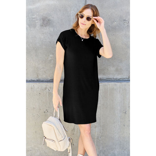 Basic Bae Bamboo Full Size Round Neck Short Sleeve Dress with Pockets