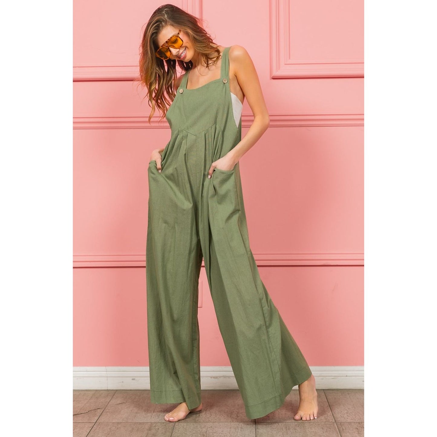 BiBi Ruched Wide Leg Overalls with Pockets