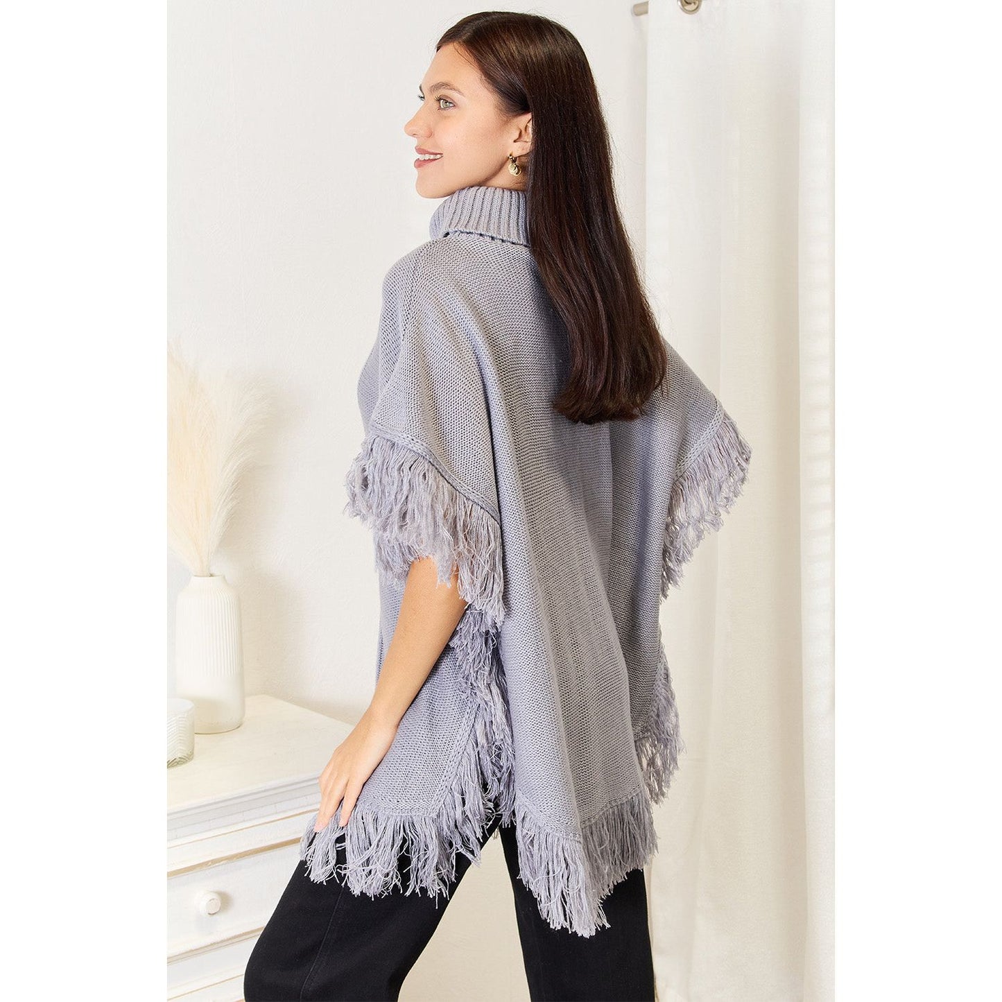 Justin Taylor Turtle Neck Fringe Poncho