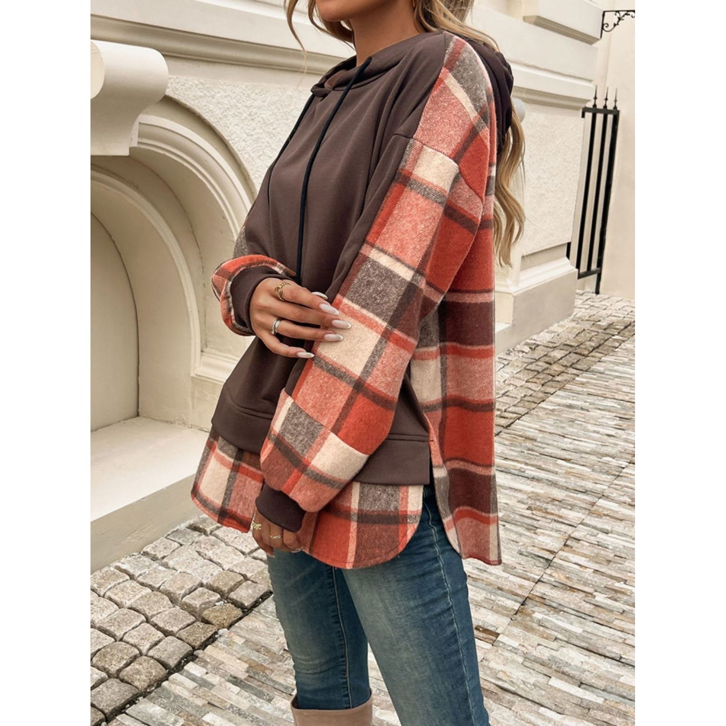 Devine Drawstring Plaid Long Sleeve Hoodie