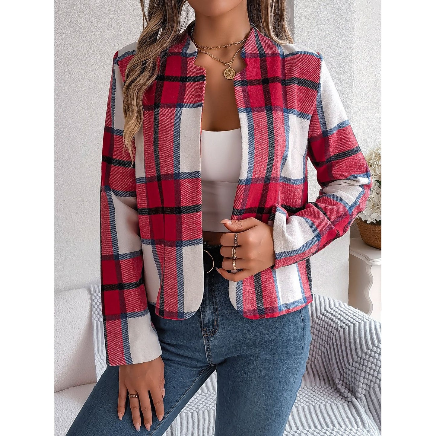 Plaid Open Front Long Sleeve Jacket