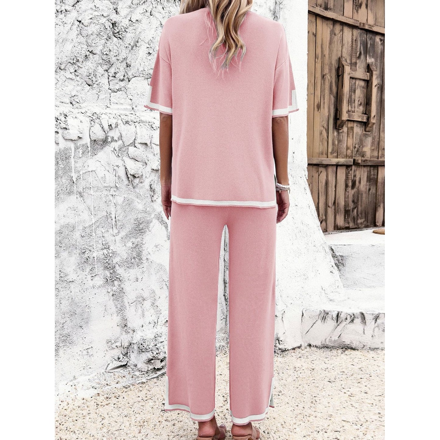 Contrast Trim Round Neck Top and Pants Set