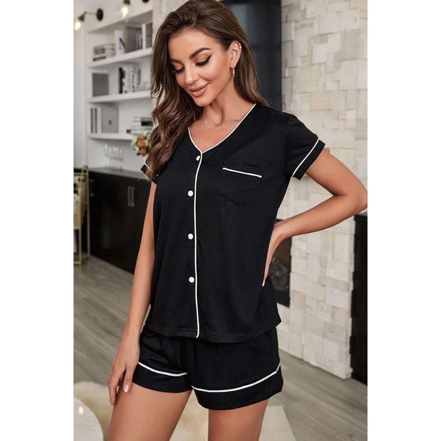 Contrast Piping Button-Up Top and Shorts Pajama Set