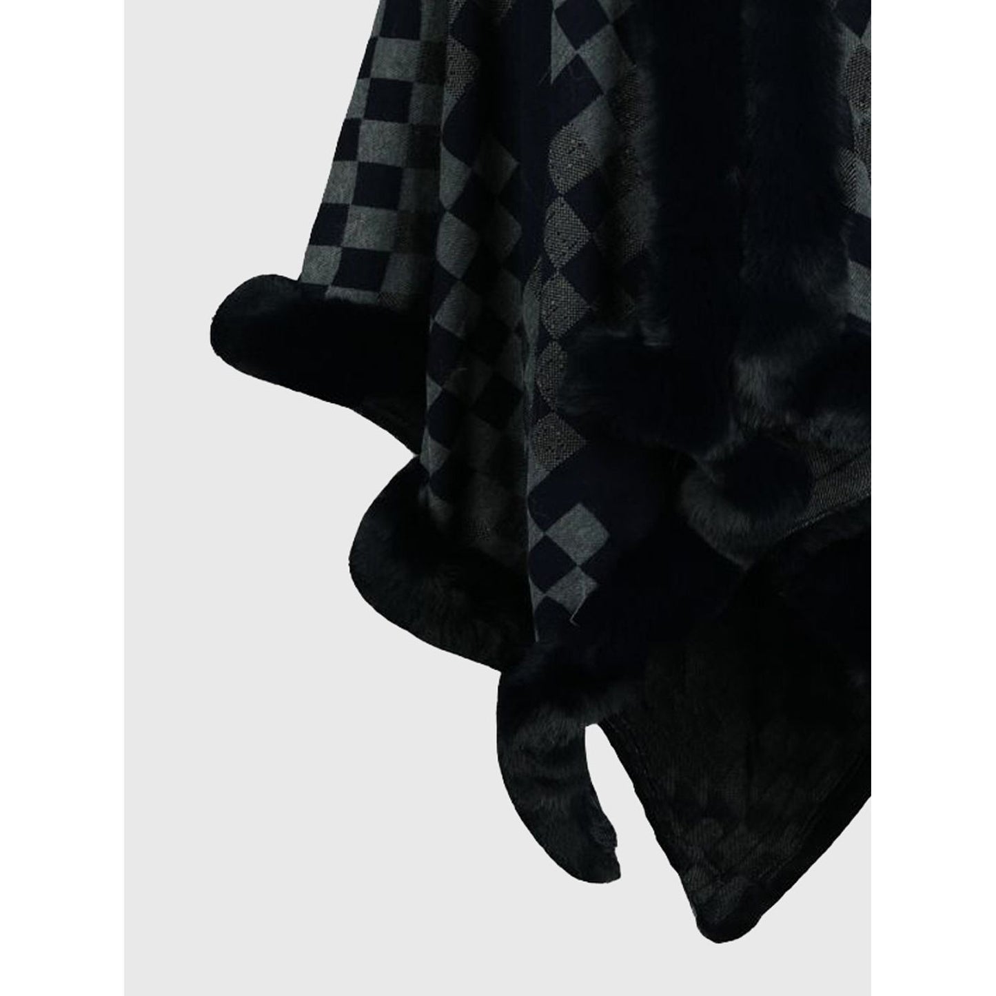 Checkered Faux Fur Trim Poncho