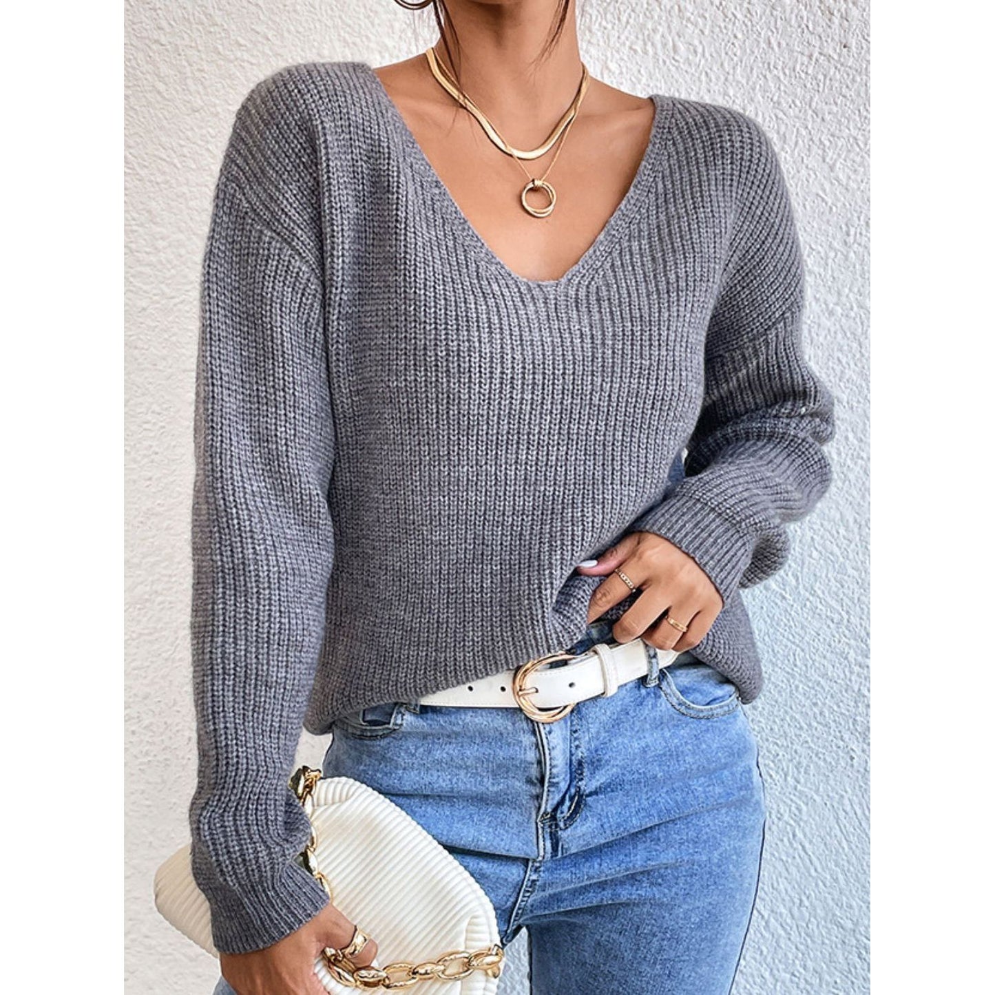 Crisscross V-Neck Long Sleeve Sweater