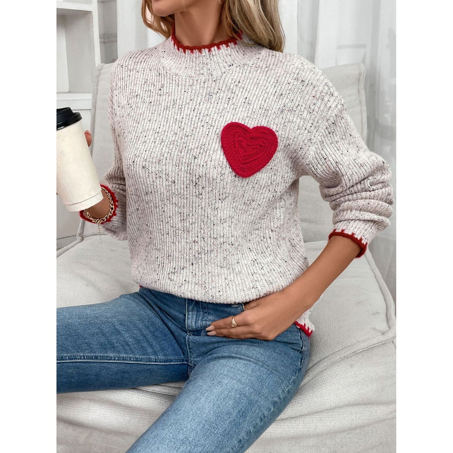 Perfee Contrast Heart Round Neck Long Sleeve Sweater