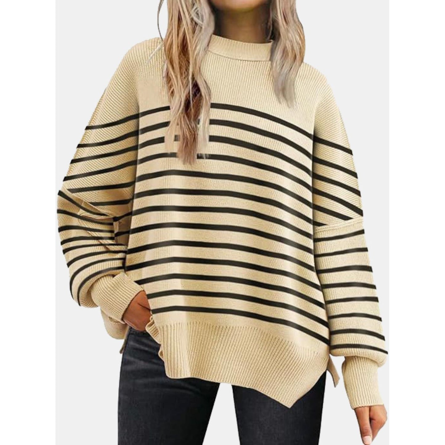 Round Neck Drop Shoulder Slit Sweater