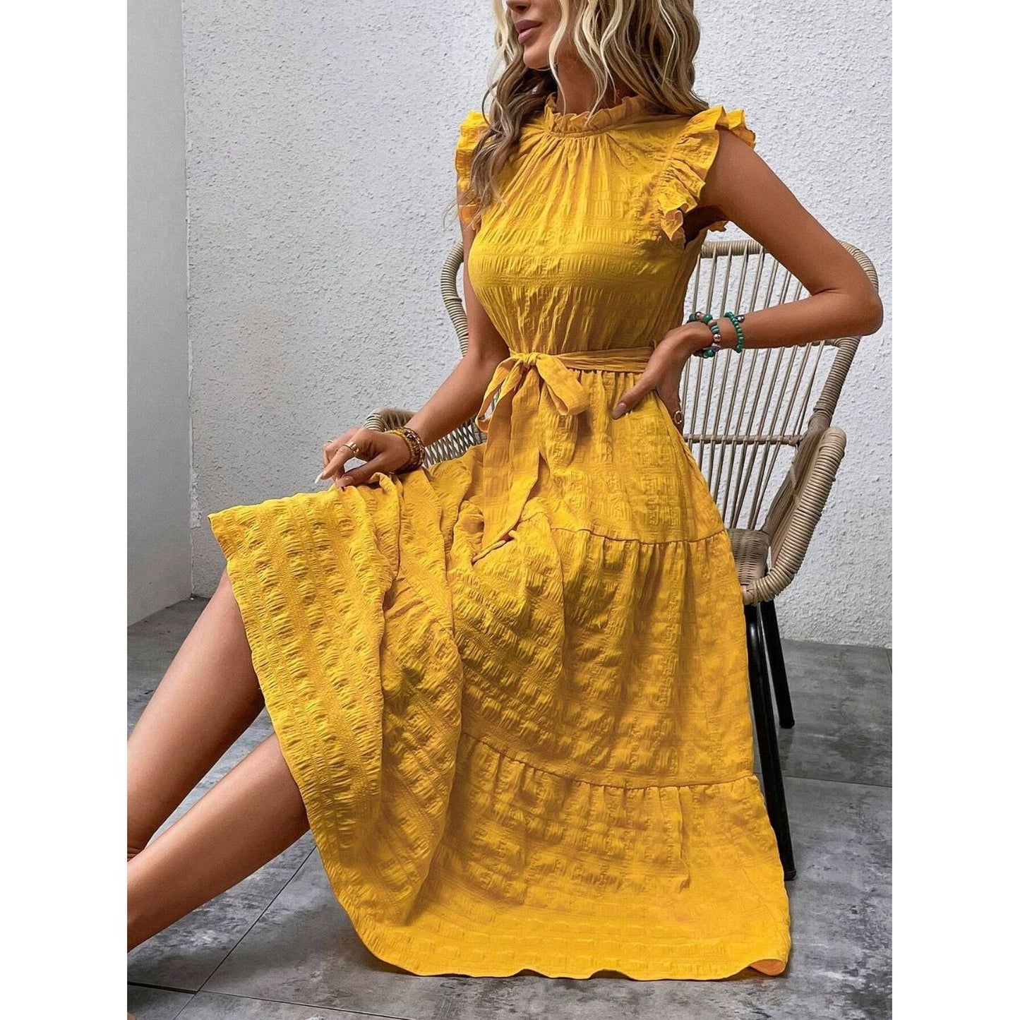 Tied Ruffled Cap Sleeve Midi Dress