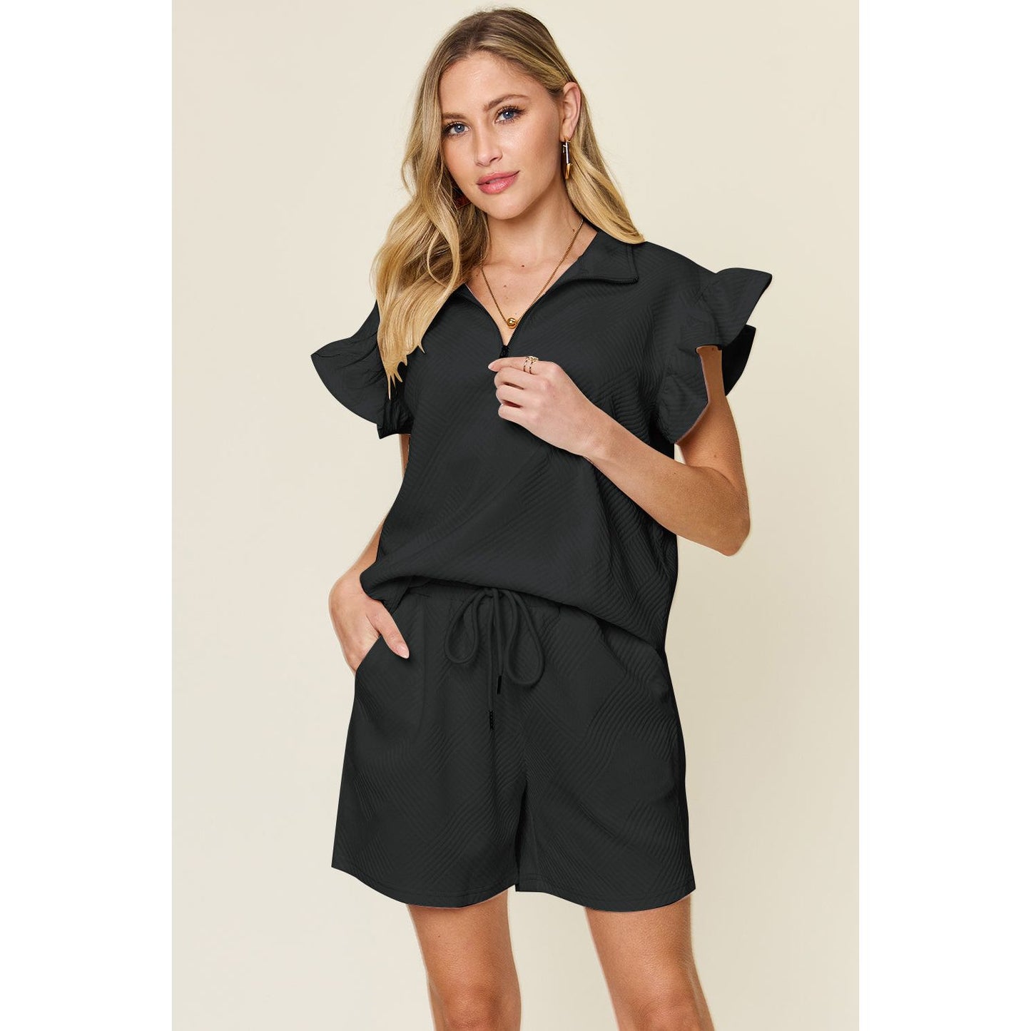 Double Take Full Size Texture Flounce Sleeve Top and Drawstring Shorts Set