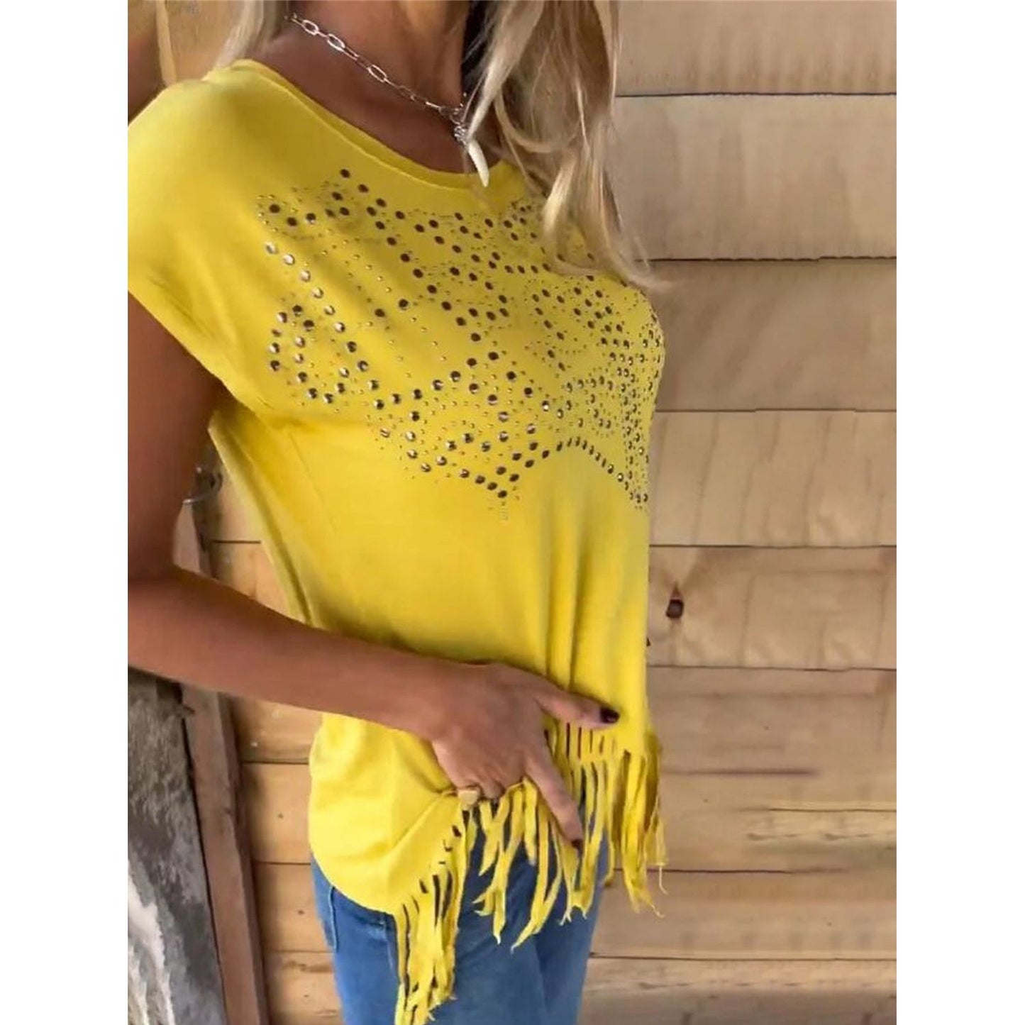 Studded Fringe Round Neck Cap Sleeve T-Shirt