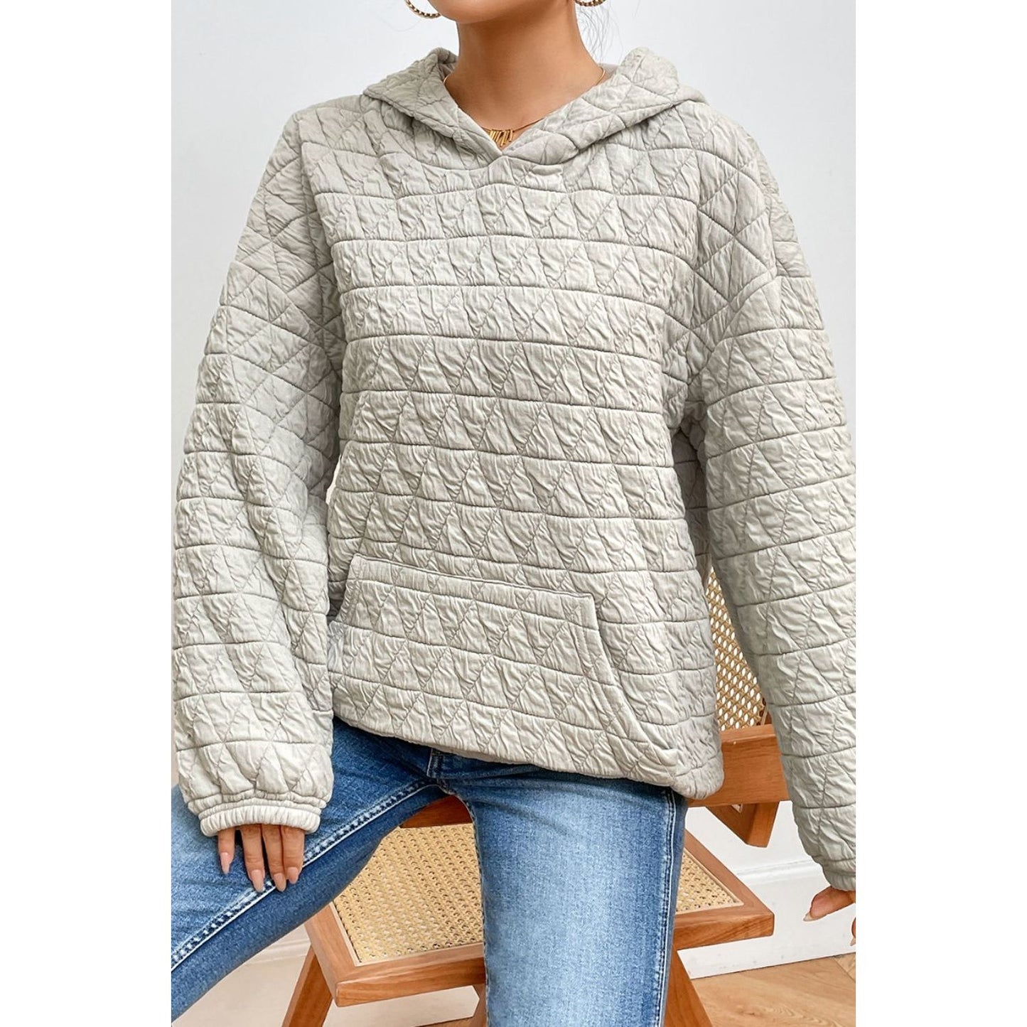 Quilted Long Sleeve Hoodie with Pocket