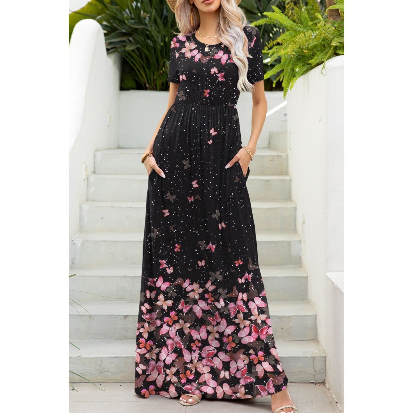 Printed Round Neck Short Sleeve Maxi Dress