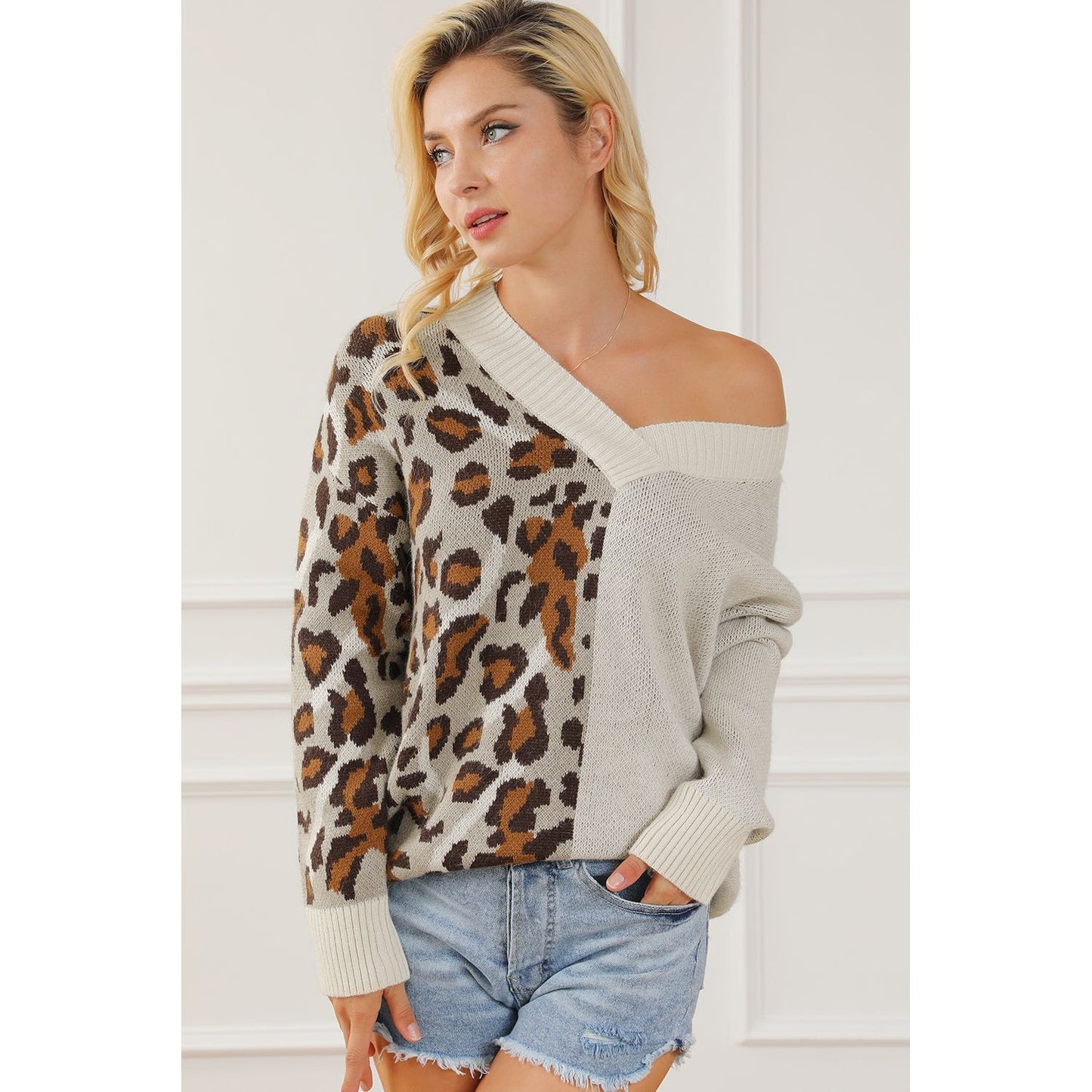 Leopard V Neck Drop Shoulder Sweater