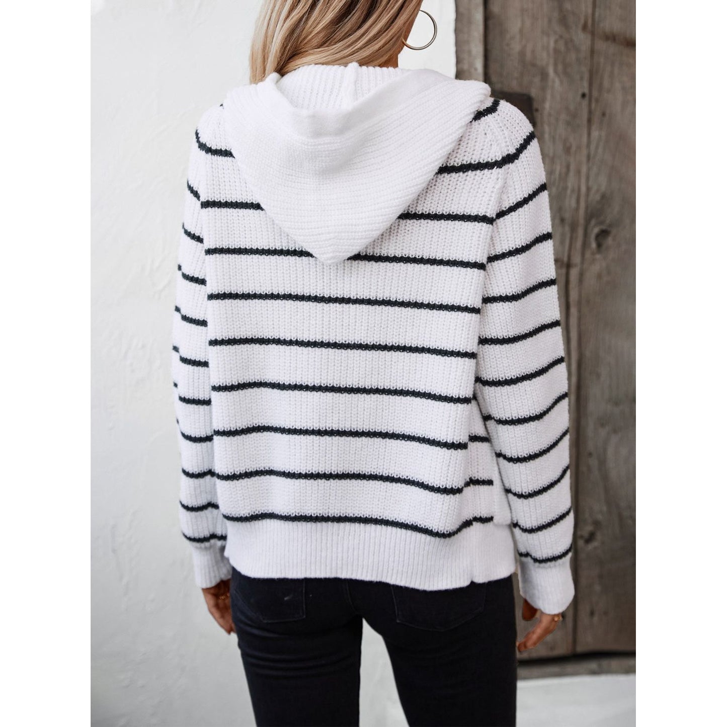 Striped Button Up Long Sleeve Hooded Cardigan