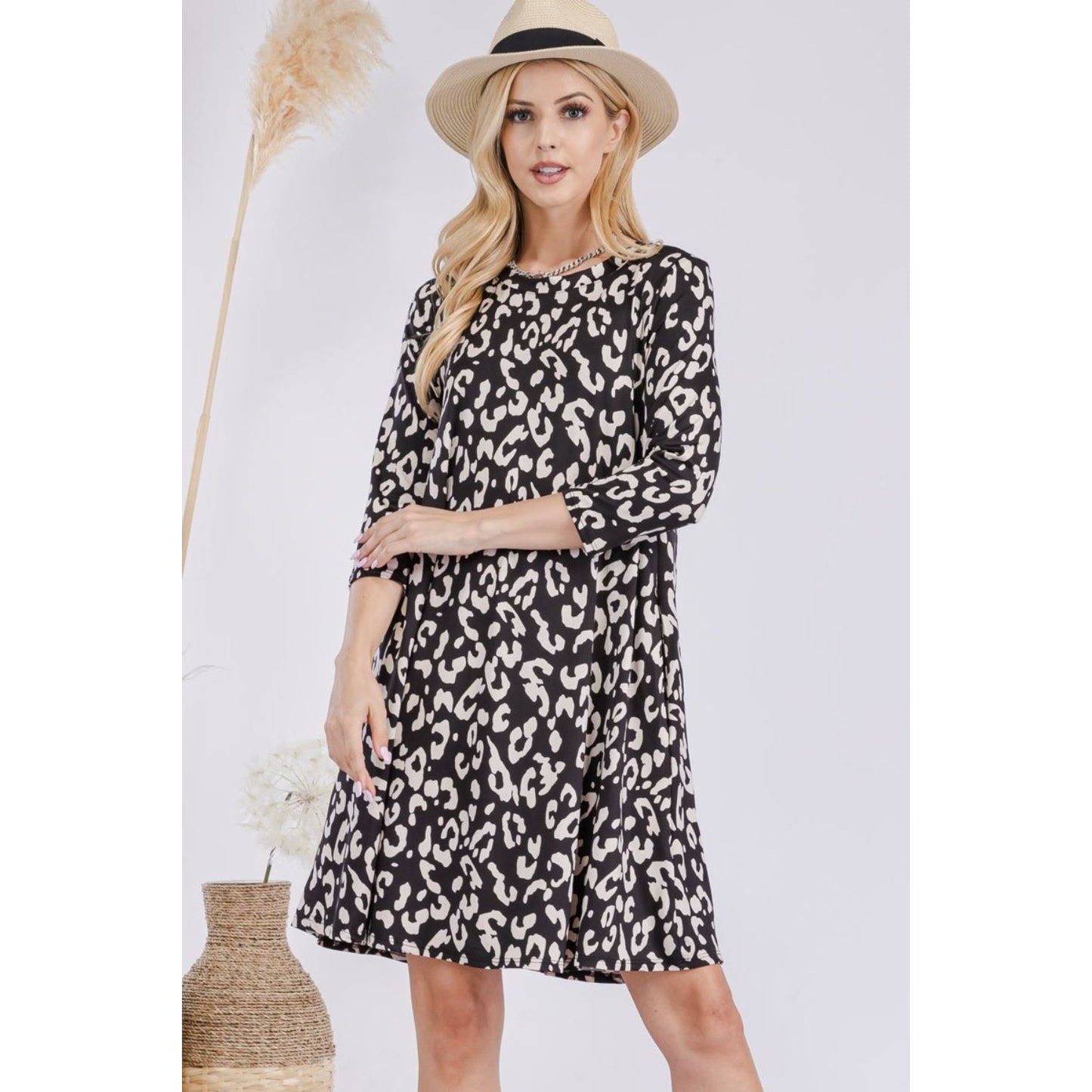 Celeste Full Size Leopard Three-Quarter Sleeve Dress with Pockets