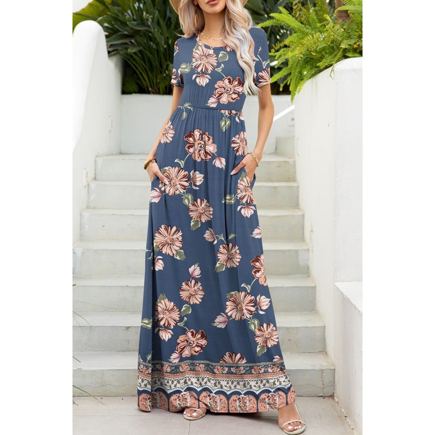 Printed Round Neck Short Sleeve Maxi Dress