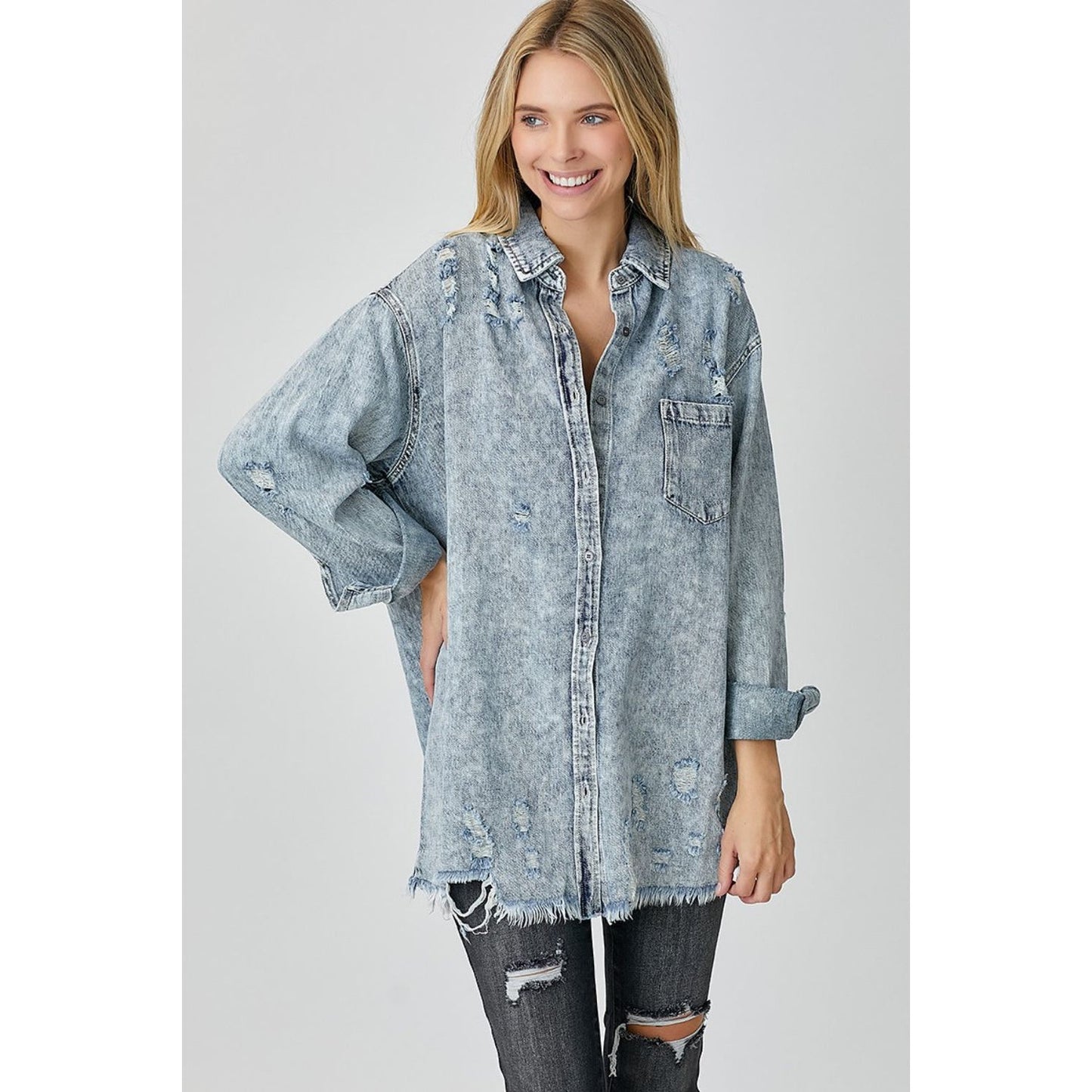 RISEN Distressed Raw Hem Denim Shirt