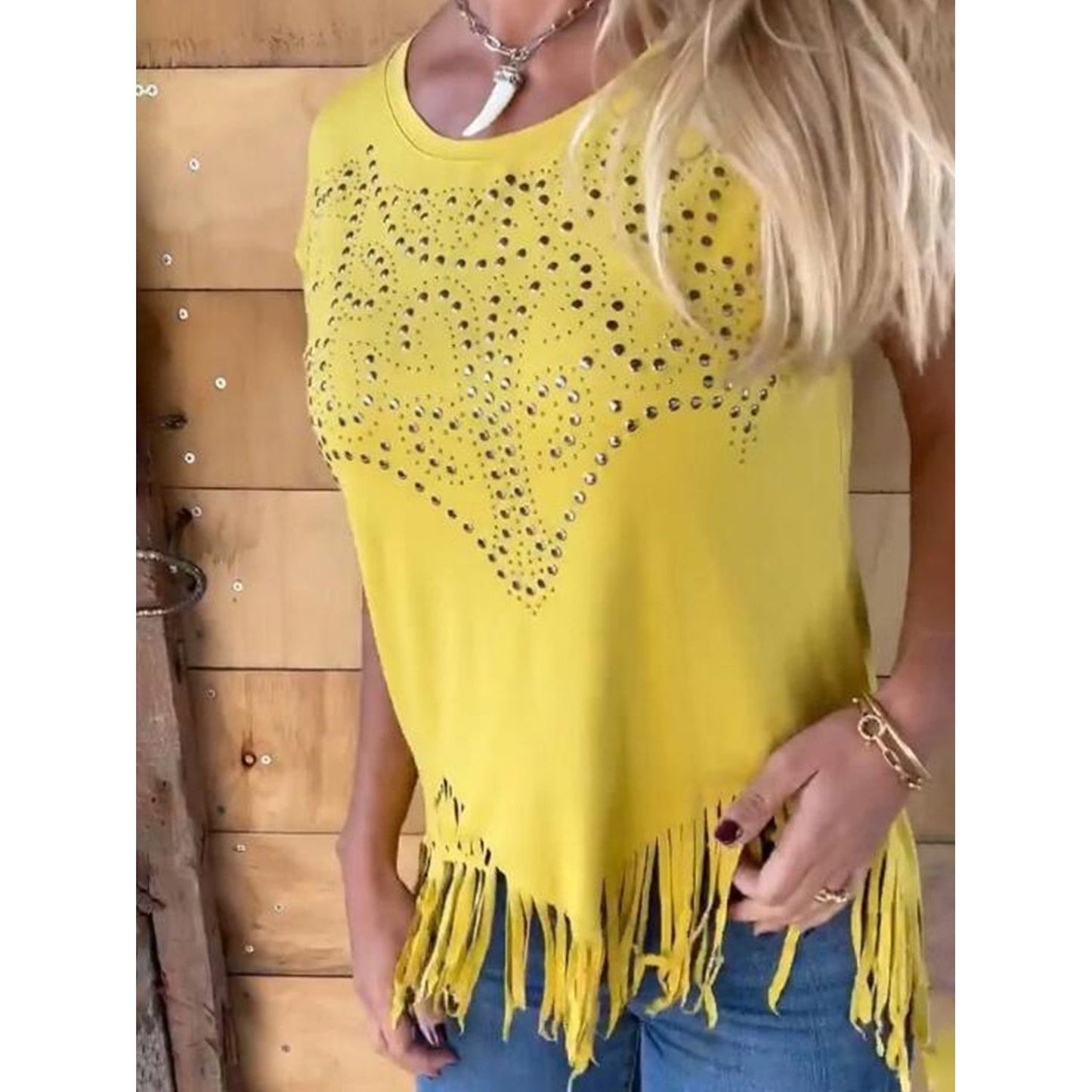 Studded Fringe Round Neck Cap Sleeve T-Shirt