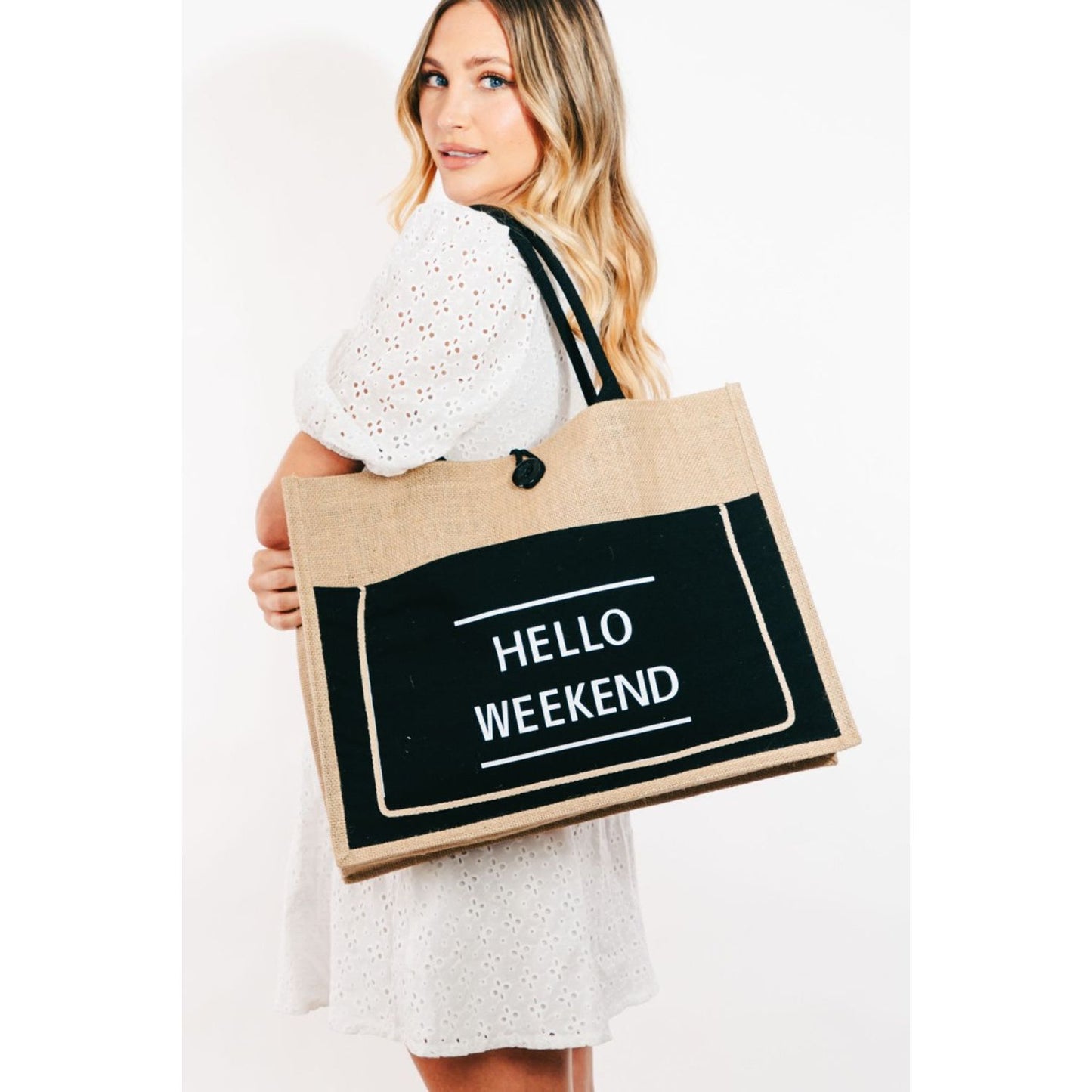 Fame Hello Weekend Burlap Tote Bag