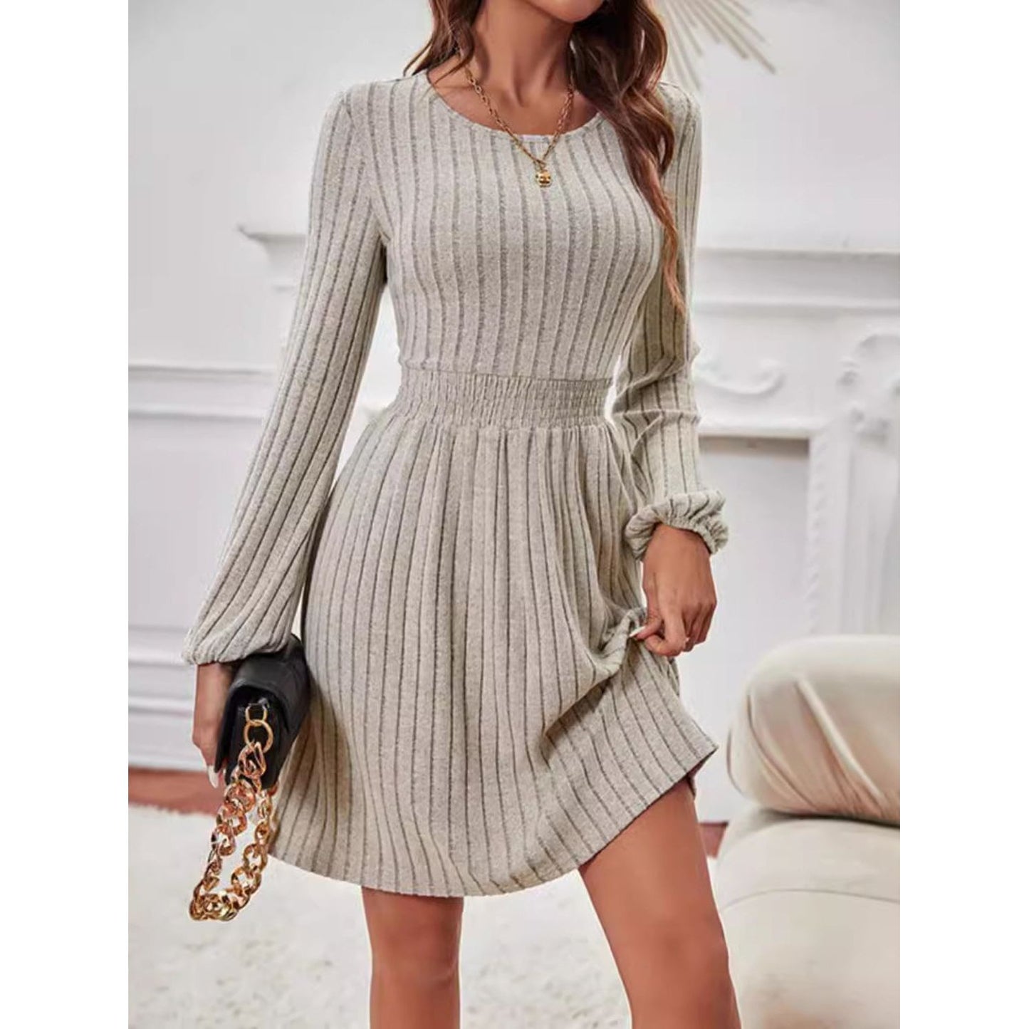 Smocked Round Neck Long Sleeve Knee Length Dress