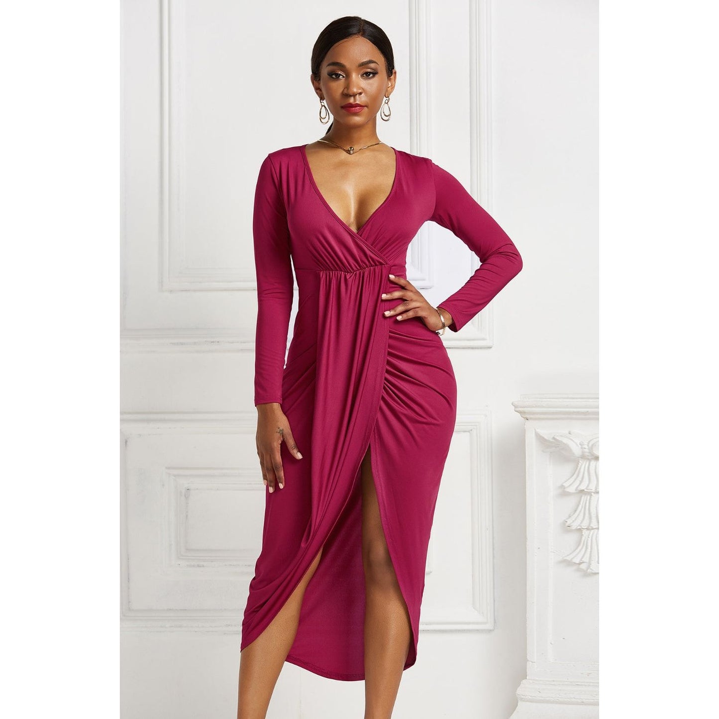 High-low Ruched Surplice Long Sleeve Dress