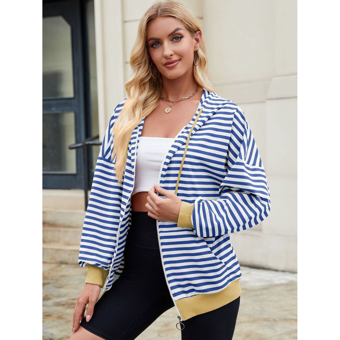 Drawstring Striped Zip Up Long Sleeve Hoodie