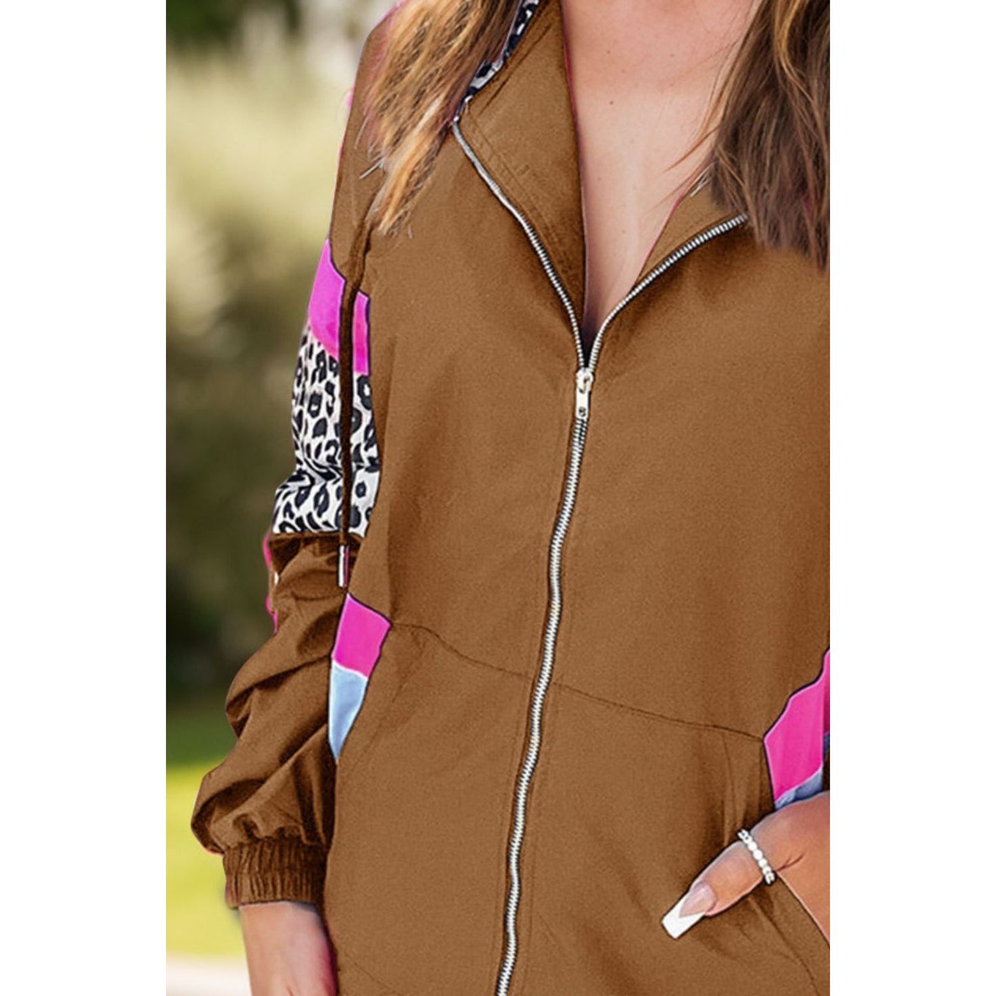 Leopard Zip Up Long Sleeve Hooded Jacket