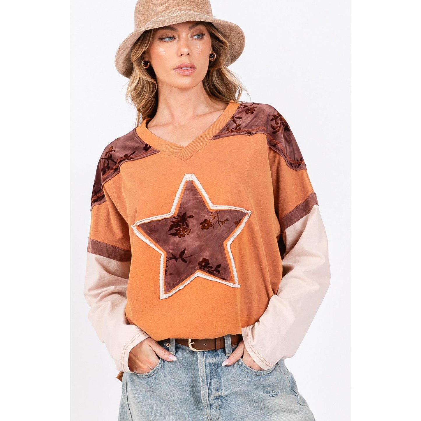 SAGE + FIG Star Patch Long Sleeve Color Block T-Shirt