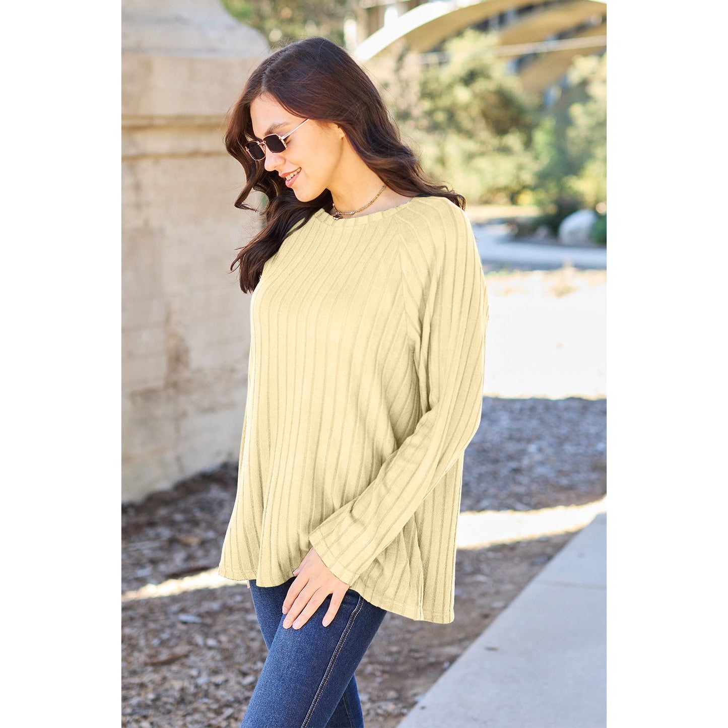 Basic Bae Full Size Ribbed Round Neck Long Sleeve Knit Top