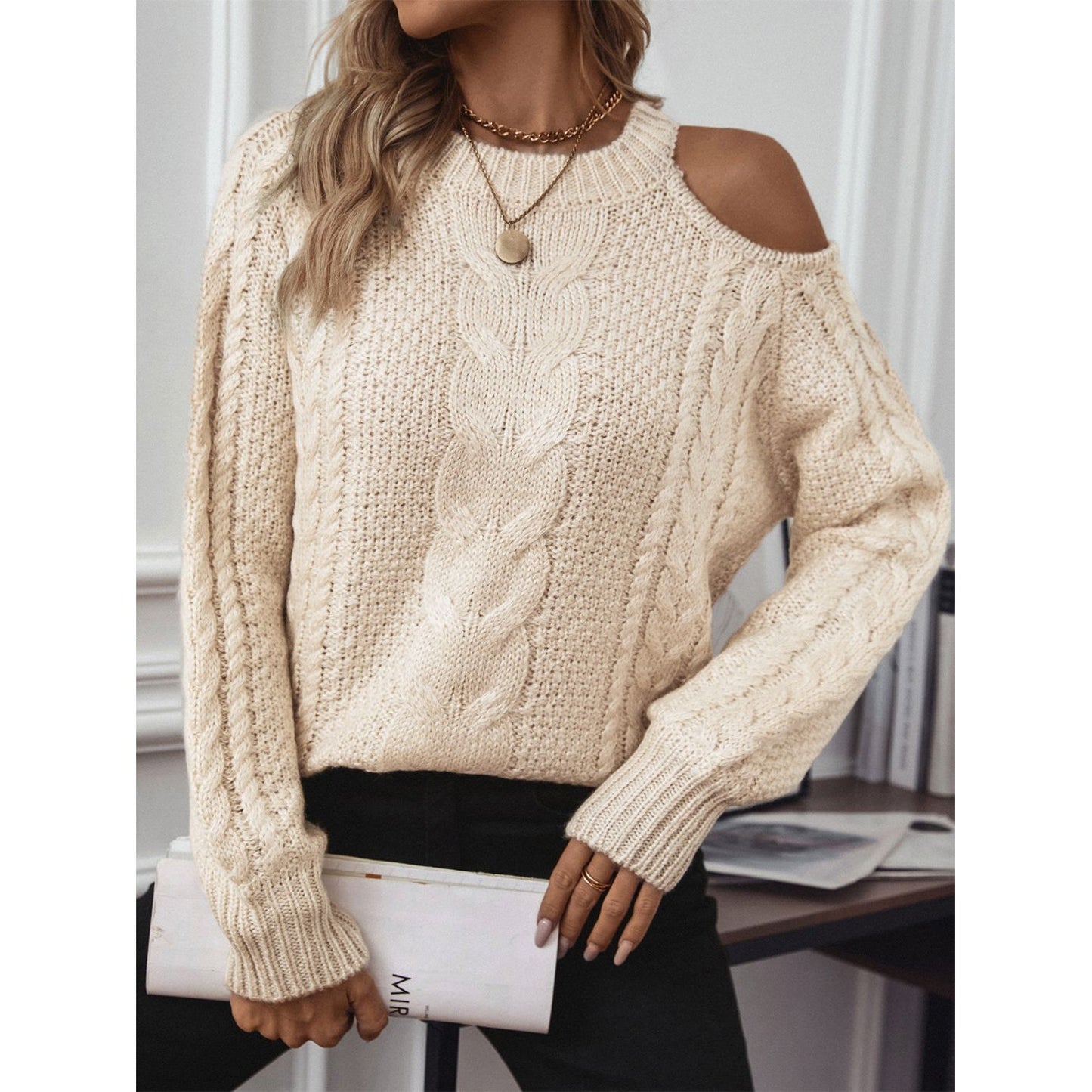 Cable Knit Round Neck Cold Shoulder Sweater