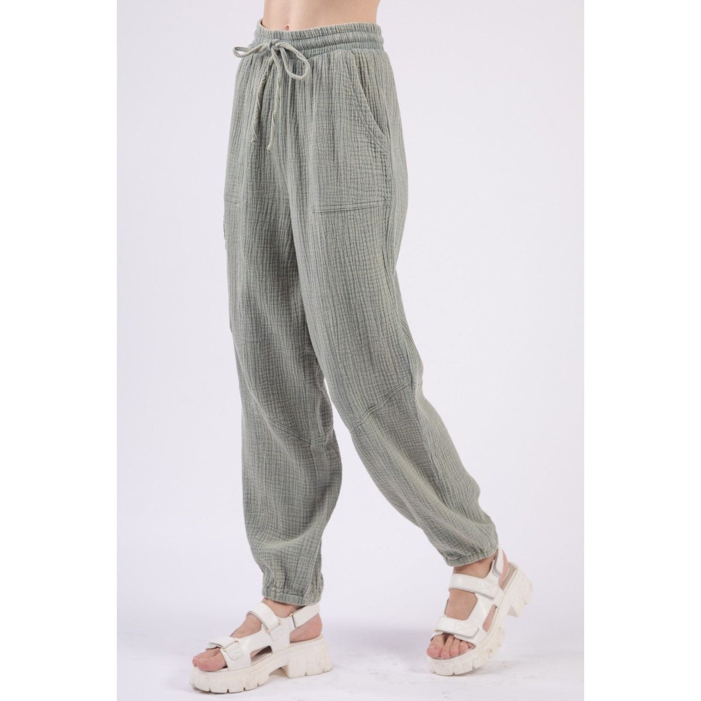 VERY J Washed Woven Crinkle Gauze Drawstring Pants